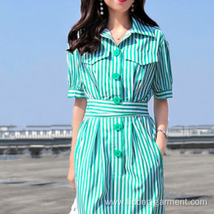 Women Casual Cotton Striped Dress with Belt
